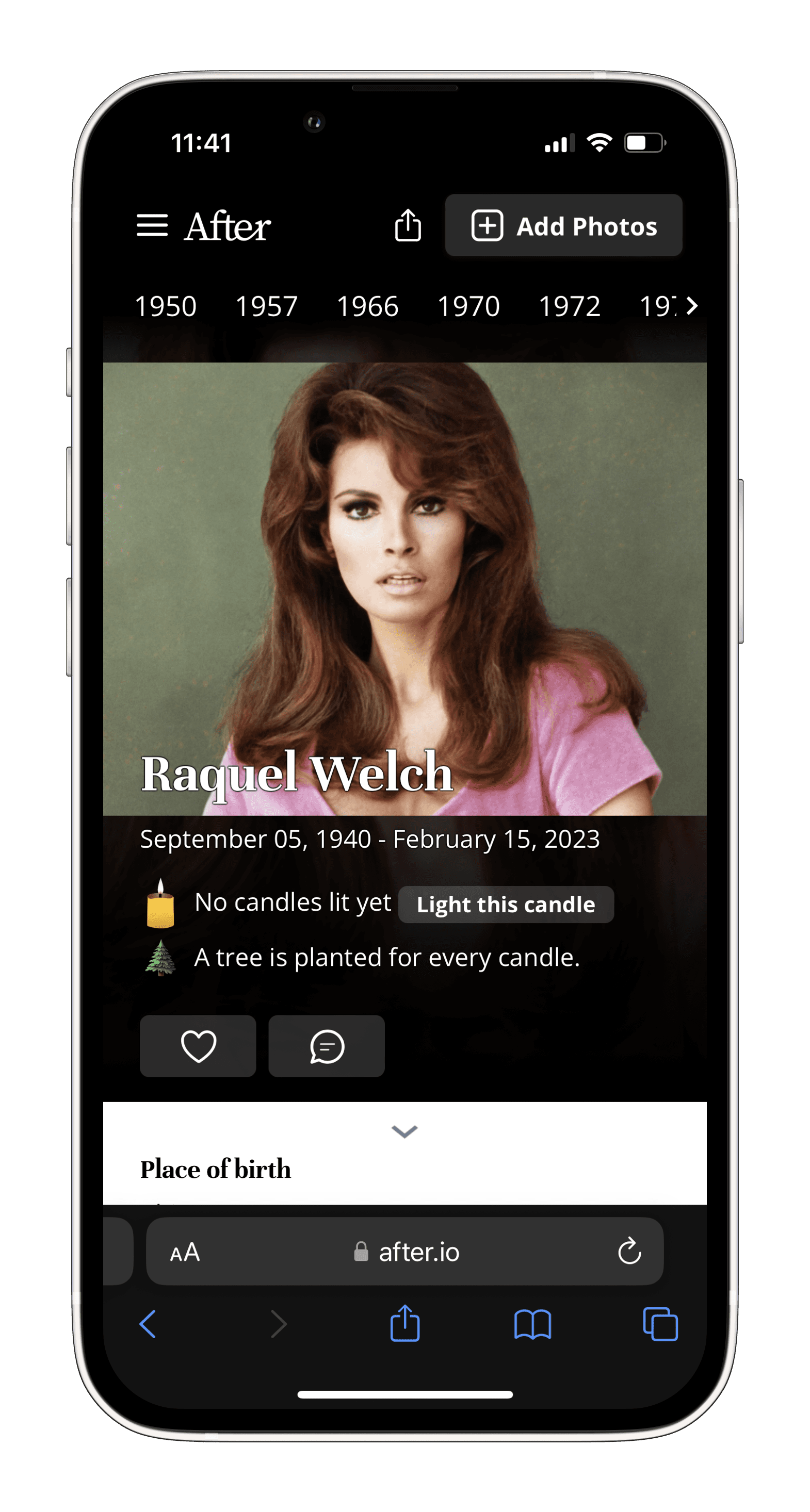 Raquel Welch memorial en After visto en un iPhone