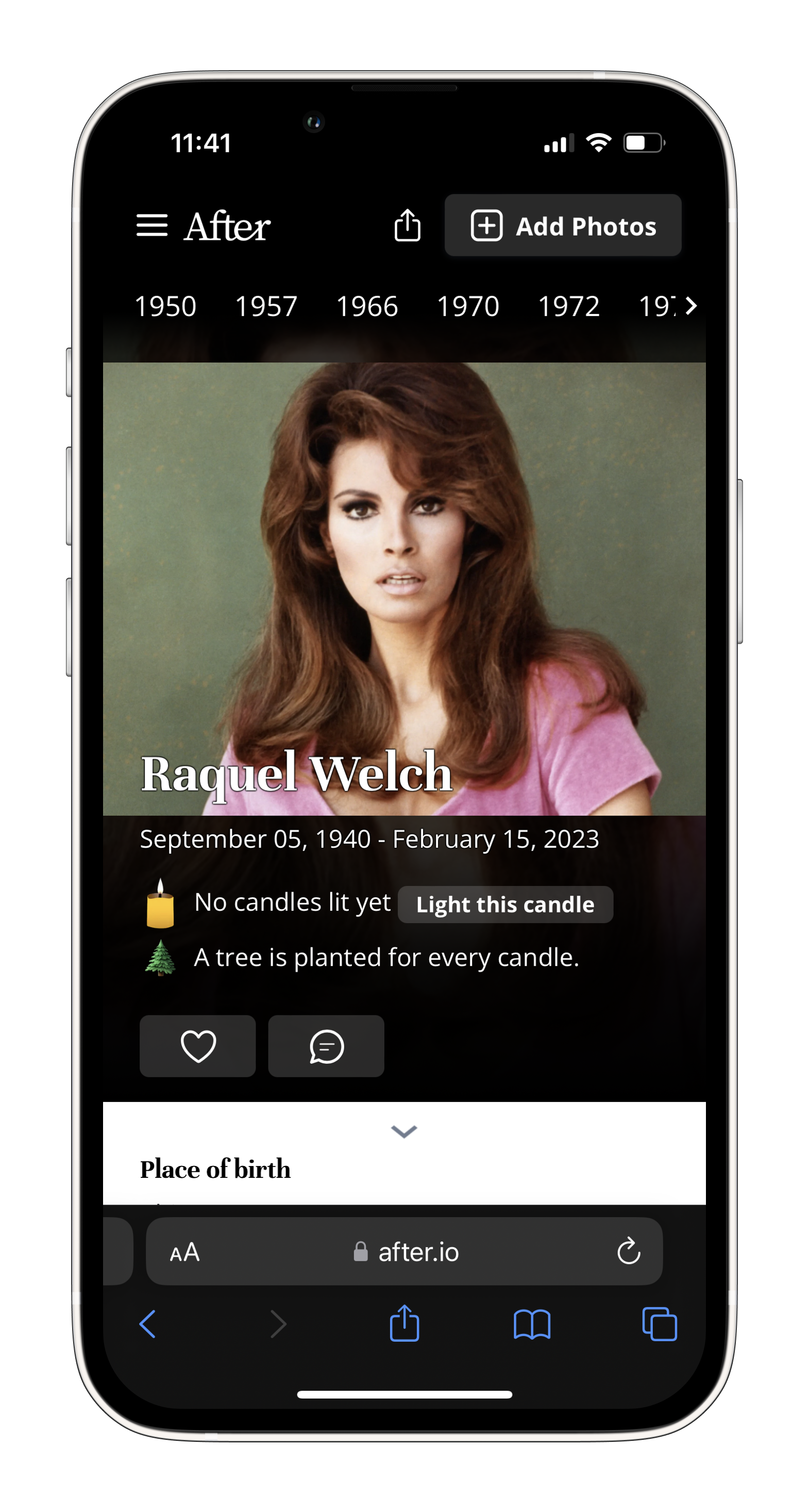 Raquel Welch memorial in After viewed in an iPhone